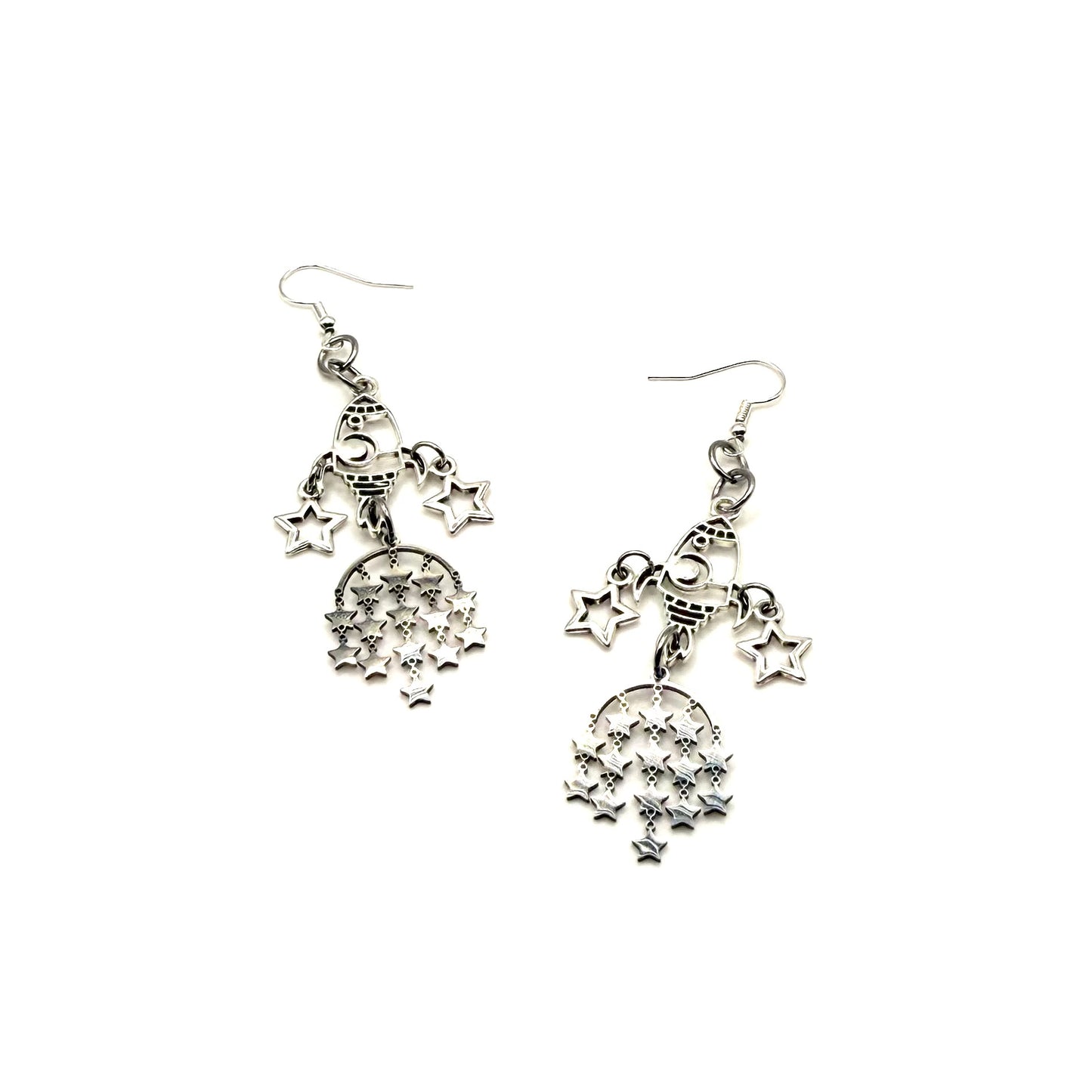 Silver Cosmic Rocketship & Stars Earrings
