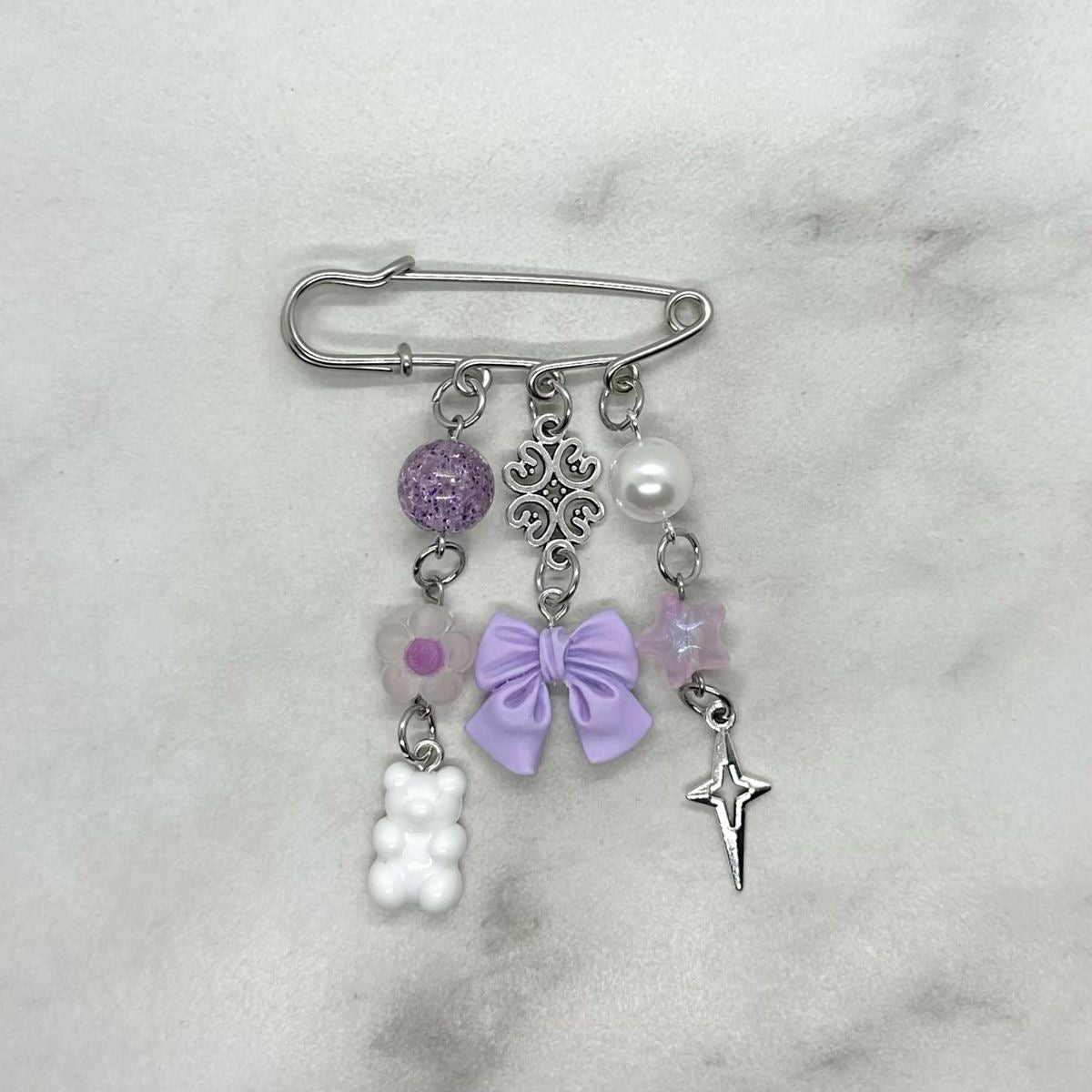 Lavender Purple Bow Safety Pin Brooch Charm