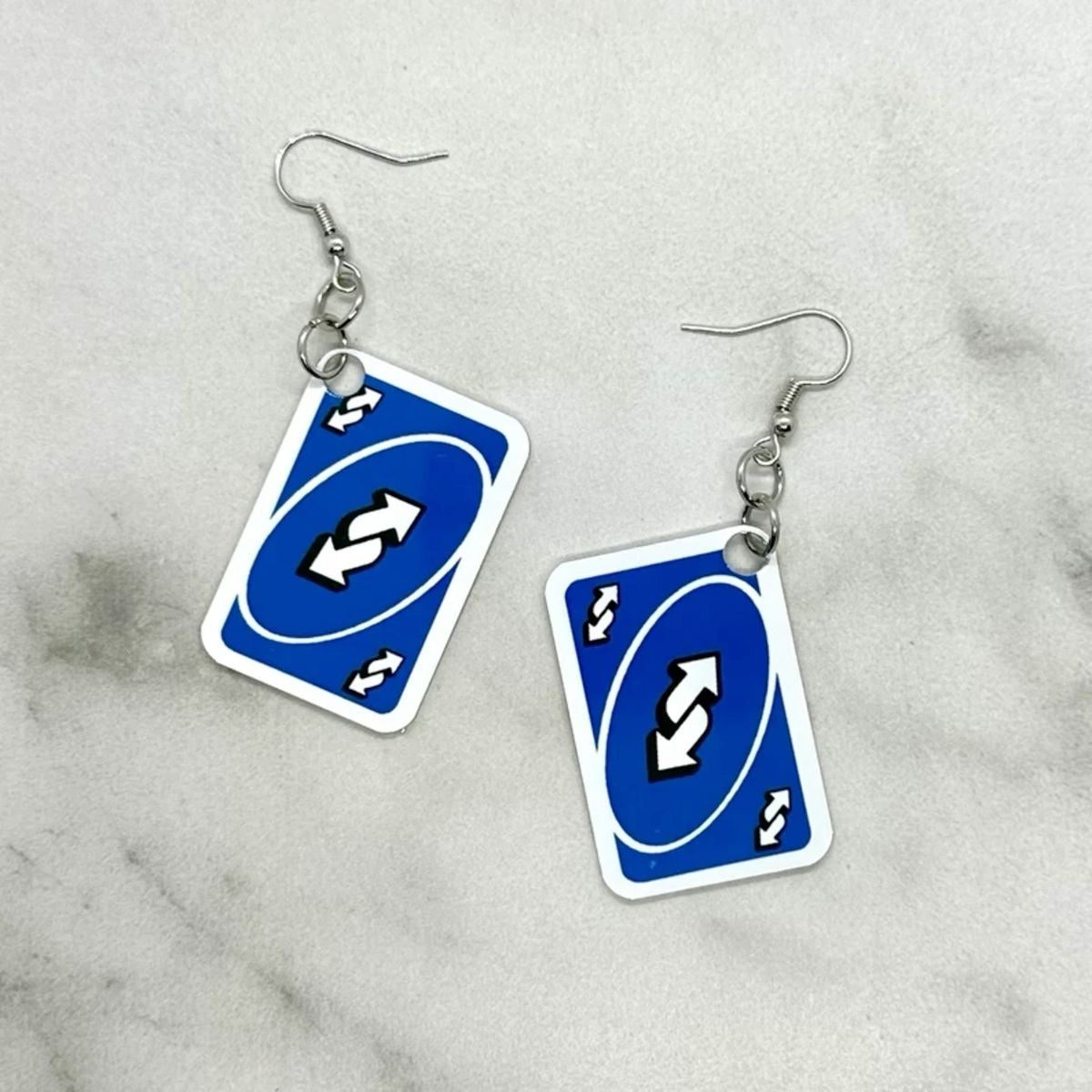 Blue Uno Reverse Card Earrings