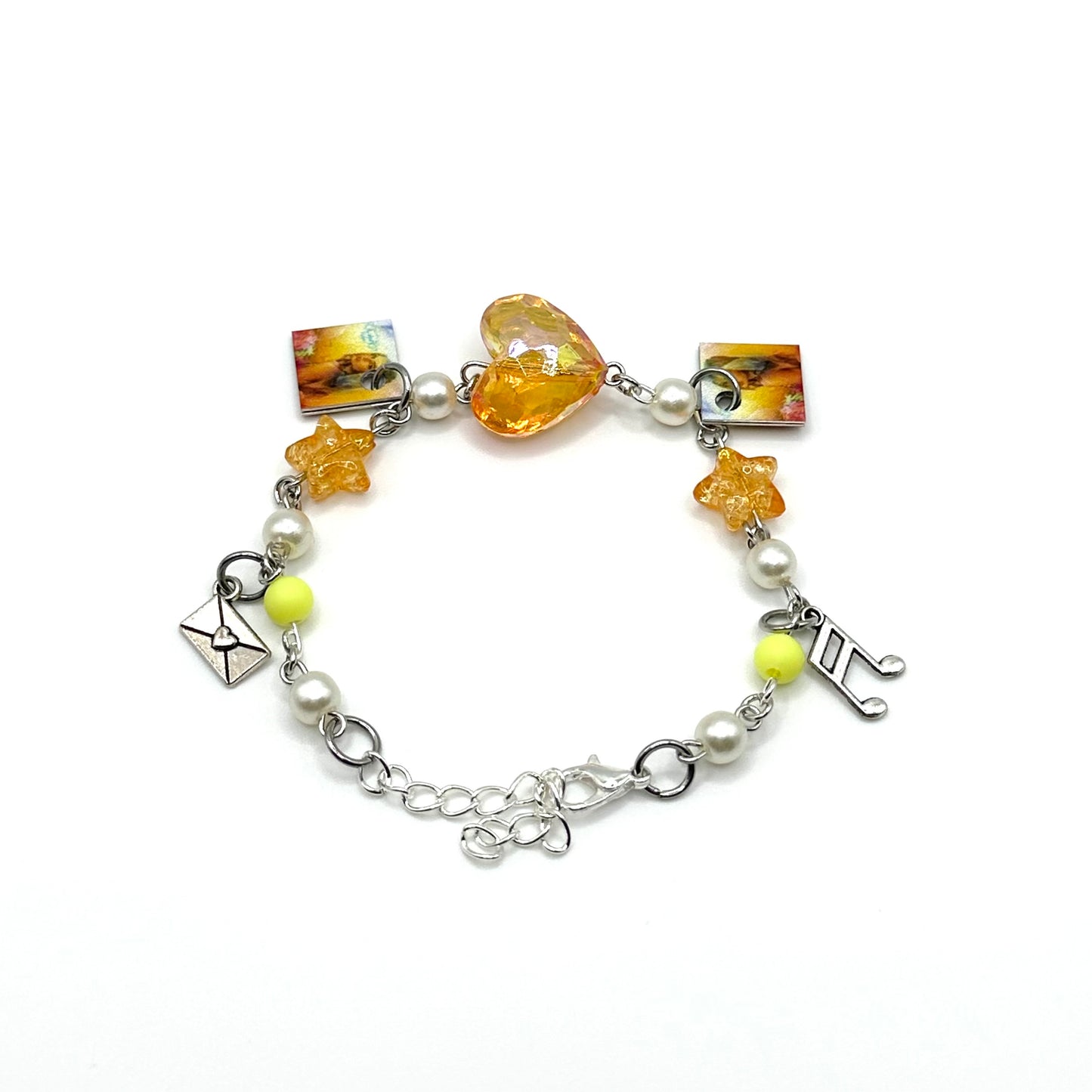 A charm bracelet with miniature (half inch) metal Addison Rae's debut album and lobster claw clasp closure.