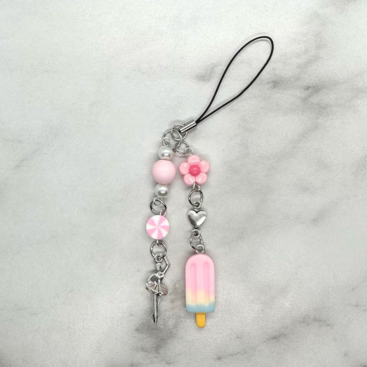 cute baby pink ballerina coquette y2k double strand beaded cell phone charm keitai strap