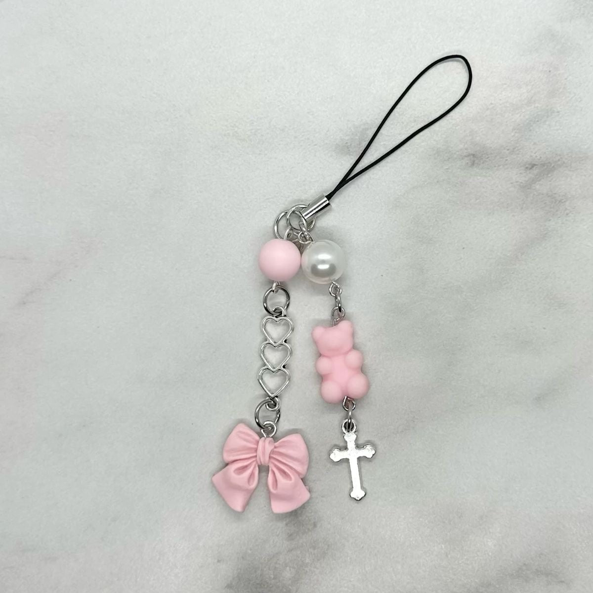 cute baby pink bow coquette y2k double strand beaded cell phone charm keitai strap