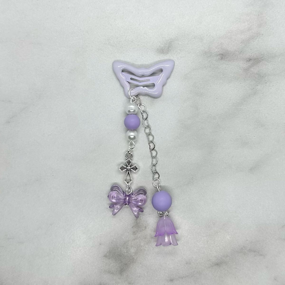Cute Lavender Purple Butterfly shaped Hair Clip Barrette with beads and charms.