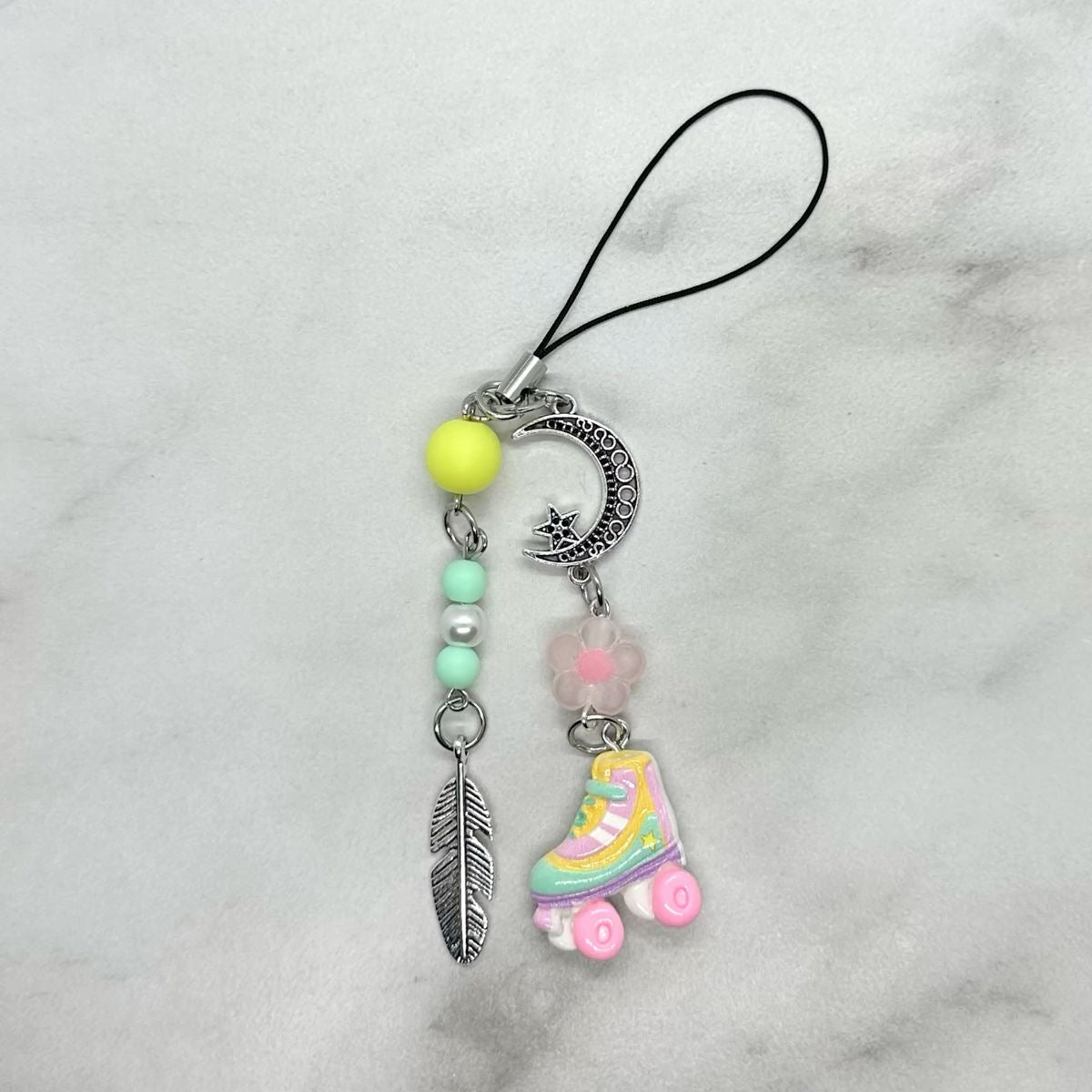 cute pastel colored pink, green, and yellow coquette y2k double strand beaded cell phone charm keitai strap