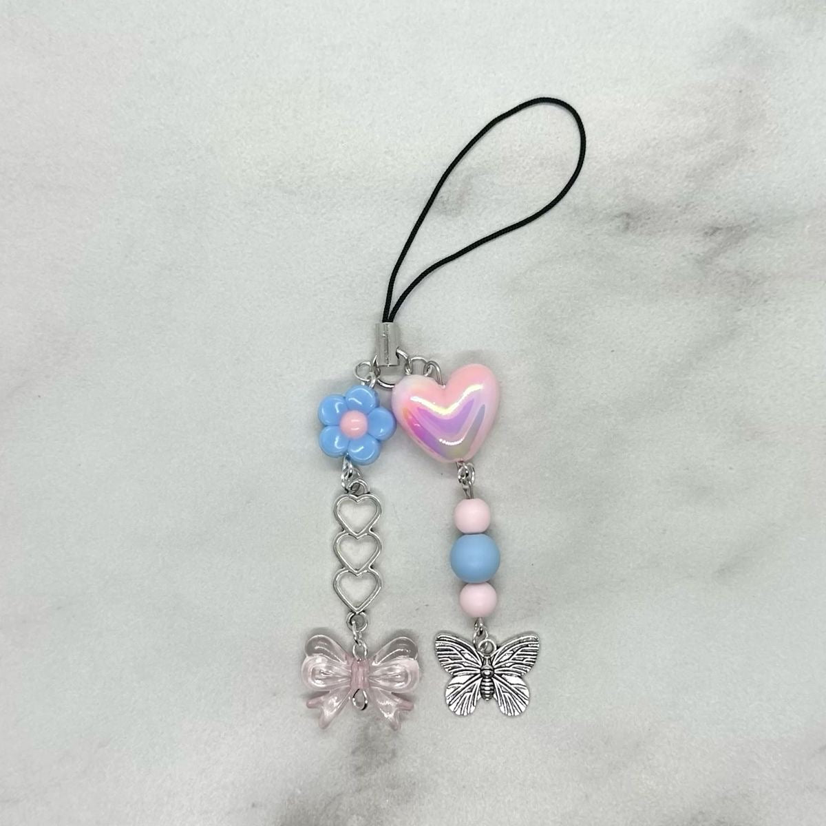 cute pink & blue coquettish double strand beaded cell phone charm keitai strap