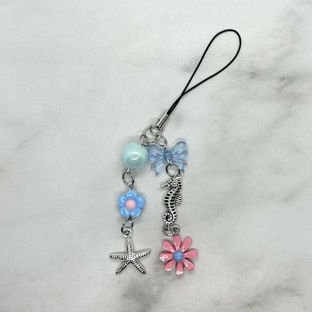 cute pink and blue coquette y2k double strand beaded cell phone charm keitai strap