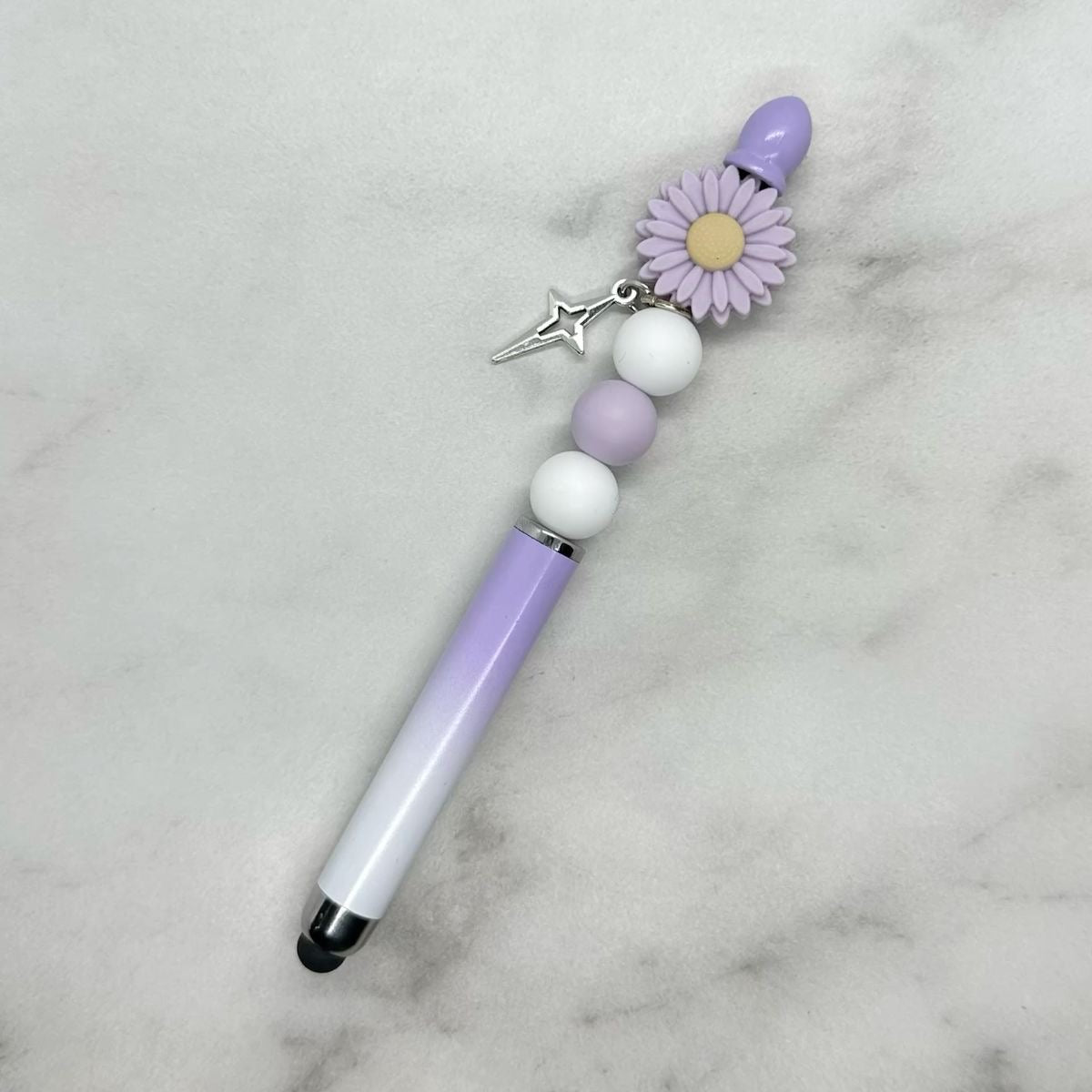 Purple and white cute beaded charm stylus pen combination with black ink.
