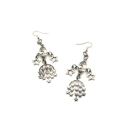Silver Cosmic Rocketship & Stars Earrings