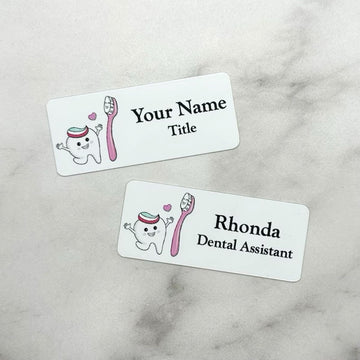 Pink Toothbrush Dental Name Tags | Personalized Magnetic & Pin Name Badges