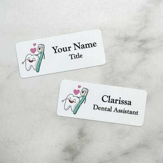Custom dental name tag with professional title and name. Designed for dental staff and professionals.