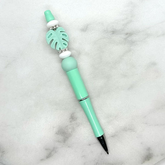 Monstera Leaf Mint Green Beaded Ballpoint Pen | Black Ink
