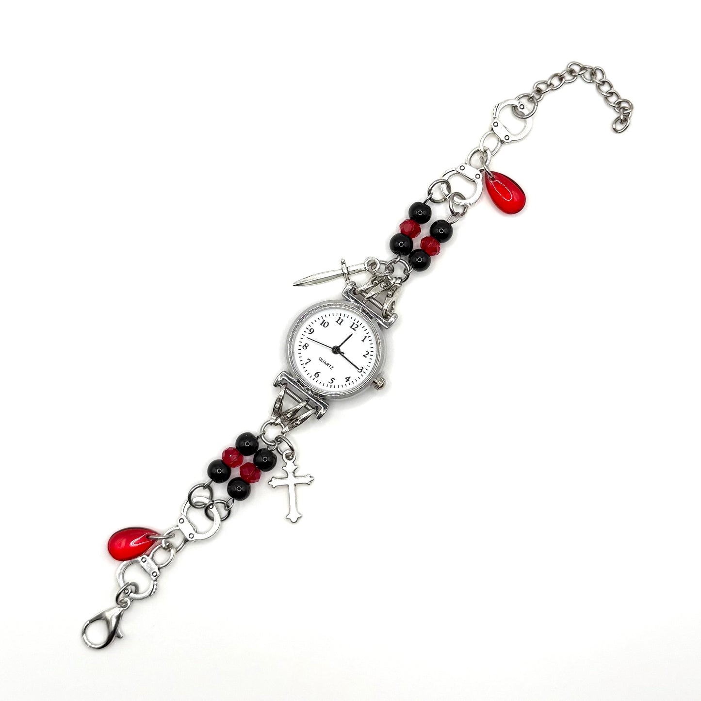 Red & Black Goth Punk Analog Watch Charm Bracelet