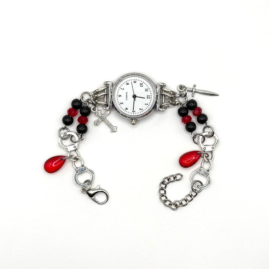Red & Black Goth Punk Analog Watch Charm Bracelet