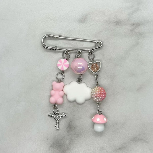 Coquette Pink & White Cloud Safety Pin Brooch Charm