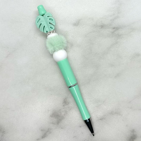 Mint Green Monstera Leaf Beaded Ballpoint Pen | Black Ink