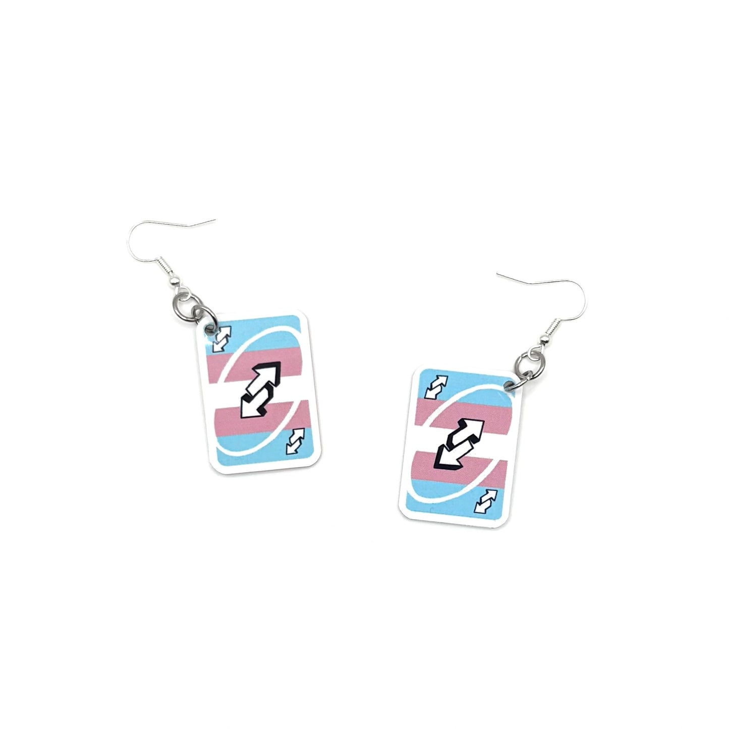 Trans Flag Uno Reverse Card Earrings