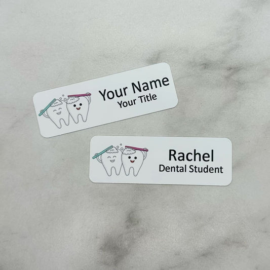 Dual Tooth Dental Office Name Badges | Magnetic & Pin Personalized Name Tags
