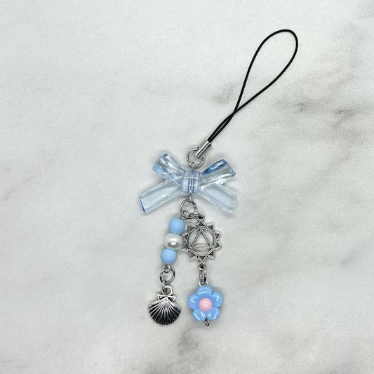 cute baby blue bow coquette y2k double strand beaded cell phone charm keitai strap