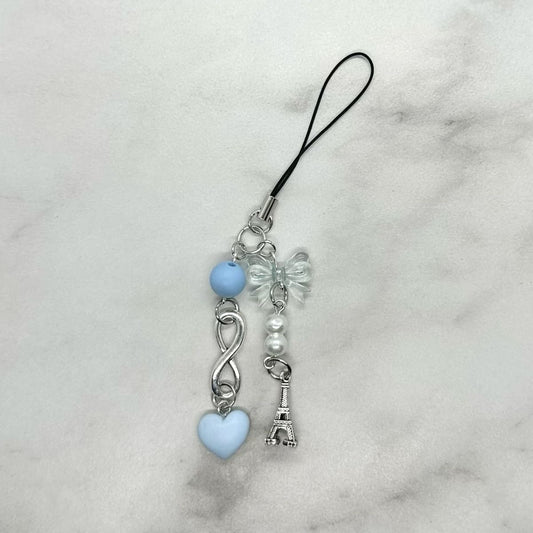cute baby blue bow eiffel tower coquette y2k double strand beaded cell phone charm keitai strap