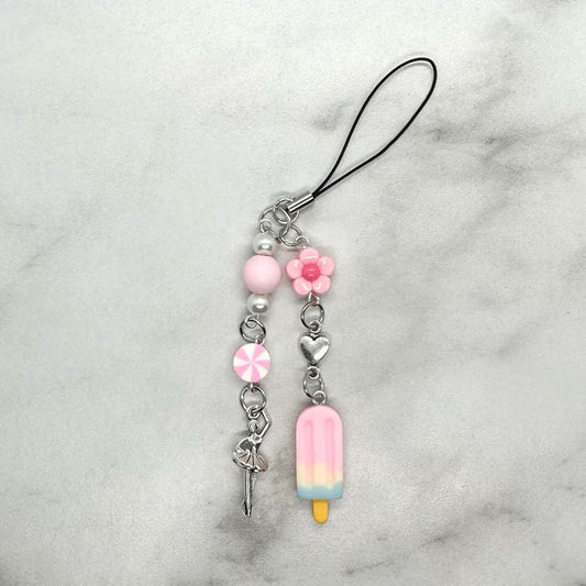 cute baby pink ballerina coquette y2k double strand beaded cell phone charm keitai strap
