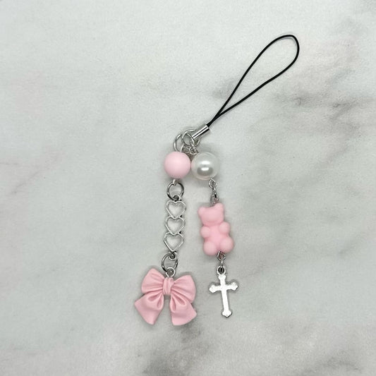 cute baby pink bow coquette y2k double strand beaded cell phone charm keitai strap