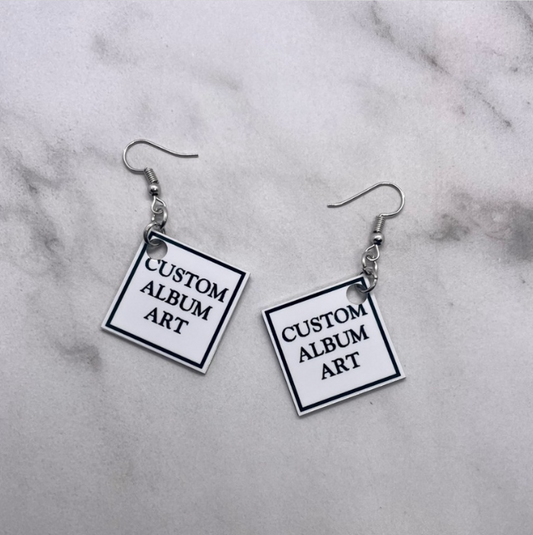 Custom metal album cover earrings with hypoallergenic stainless steel ear wire
