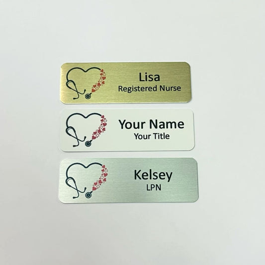custom personalized gold, silver, or white metal aluminum medical nurse name tags with stethoscope heart. magnet or pin attachment.