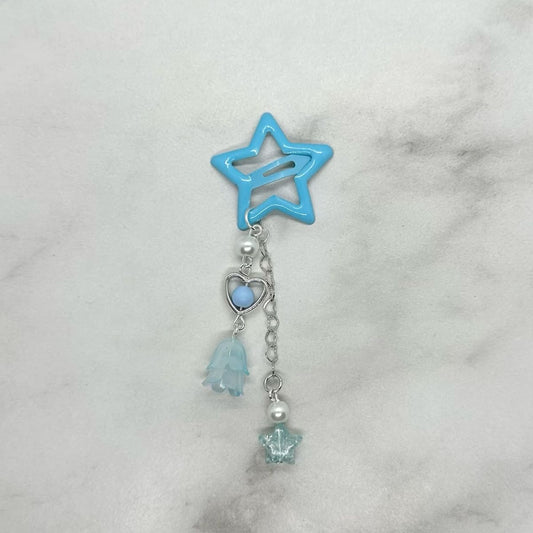 Cute Y2K inspired Blue Star shaped Hair Clip Barrette with beads and charms.