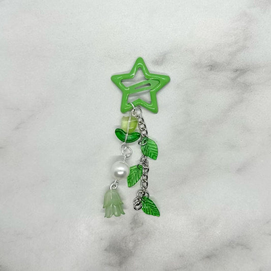 Cute Y2K inspired Green Star shaped Hair Clip Barrette with beads and charms.