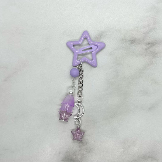 Cute Y2K inspired Lavender Purple Star shaped Hair Clip Barrette with beads and charms.
