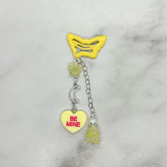 Cute Y2K inspired Yellow Butterfly shaped Hair Clip Barrette with beads and charms.