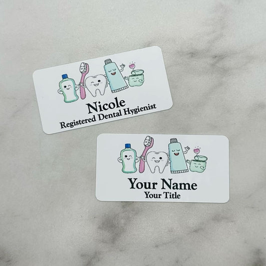 Personalized dental name tag with cute kawaii tooth, floss, toothbrush, toothpaste. Magnetic or pin attachment.