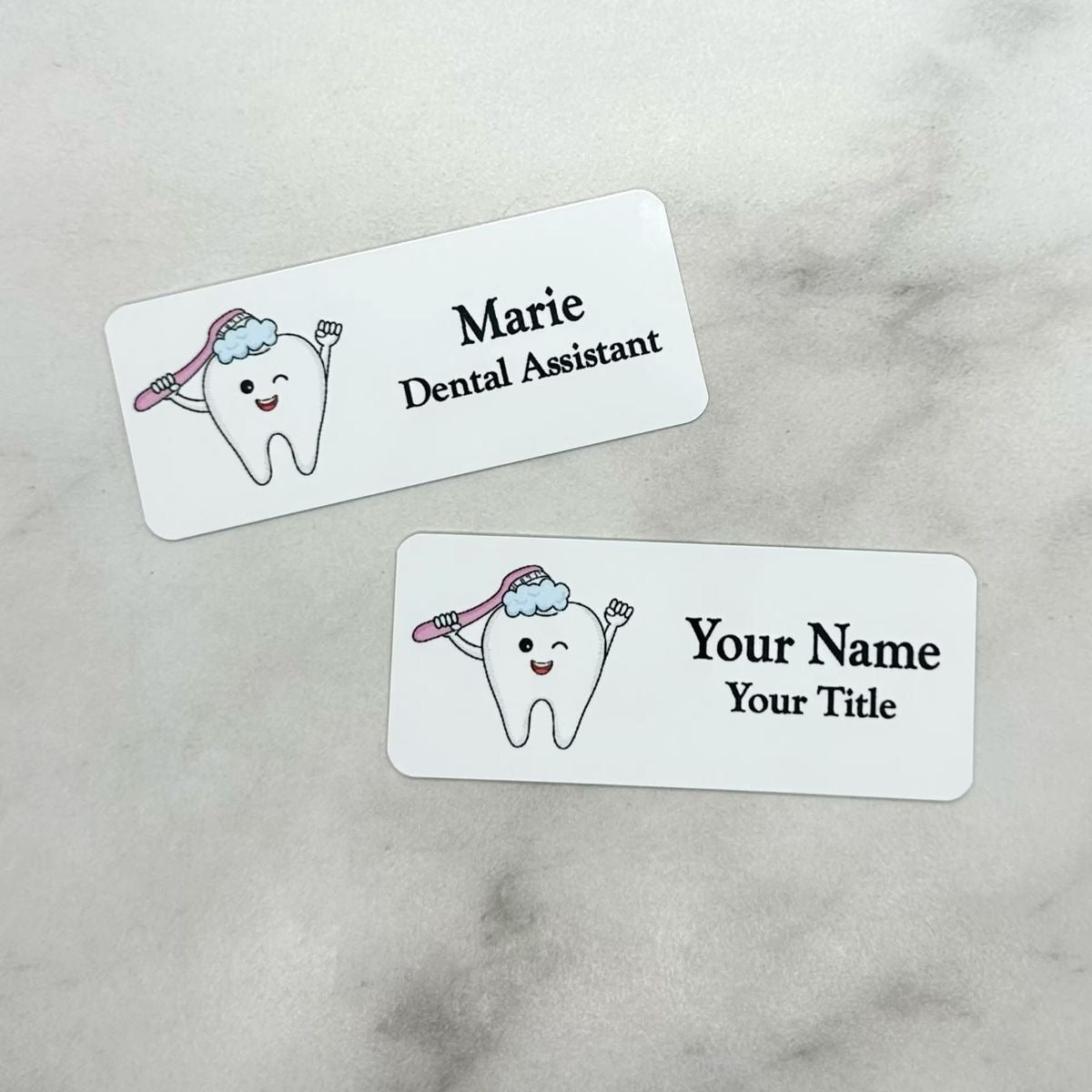 Personalized dental name tag with cute tooth brushing itself. Magnetic or pin attachment.