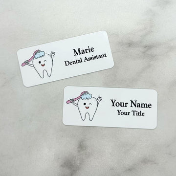 Personalized dental name tag with cute tooth brushing itself. Magnetic or pin attachment.