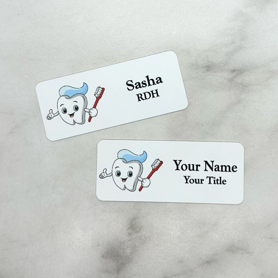 Personalized dental name tag with cute tooth holding toothbrush with toothpaste hair. Magnetic or pin attachment.