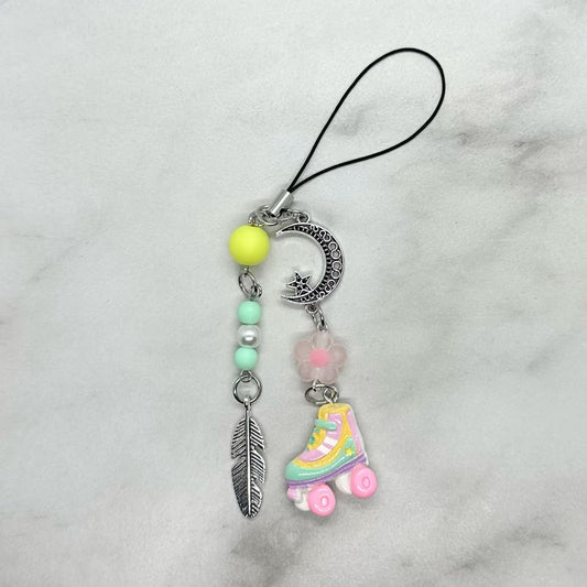 cute pastel colored pink, green, and yellow coquette y2k double strand beaded cell phone charm keitai strap
