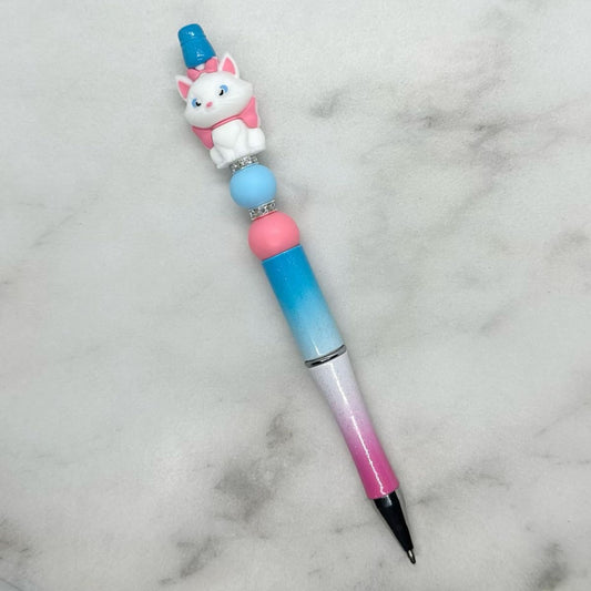 Cute pink and blue beaded pen with white kitty cat. Black ink.