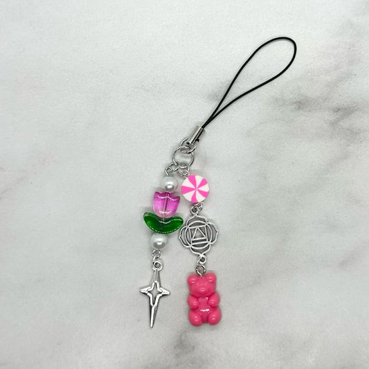 cute dark pink floral gummy bear coquette y2k double strand beaded cell phone charm keitai strap
