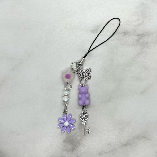 cute purple flower gummy bear coquette y2k double strand beaded cell phone charm keitai strap