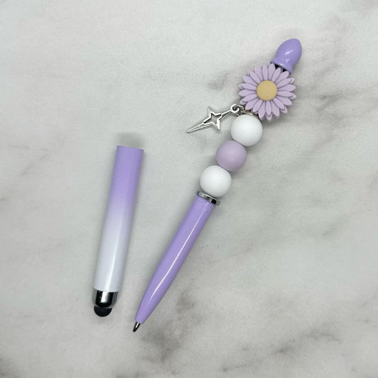 Purple and white cute beaded charm stylus pen combination with black ink.