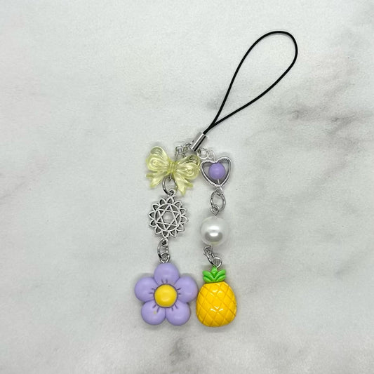 cute purple & yellow pineapple coquette y2k double strand beaded cell phone charm keitai strap