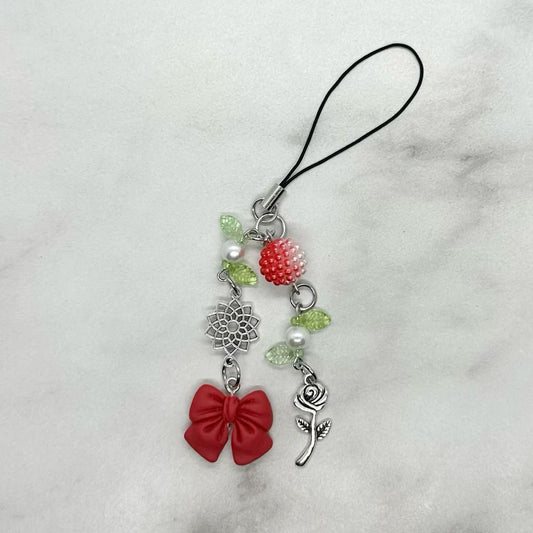 cute green leaf and red bow coquette y2k double strand beaded cell phone charm keitai strap